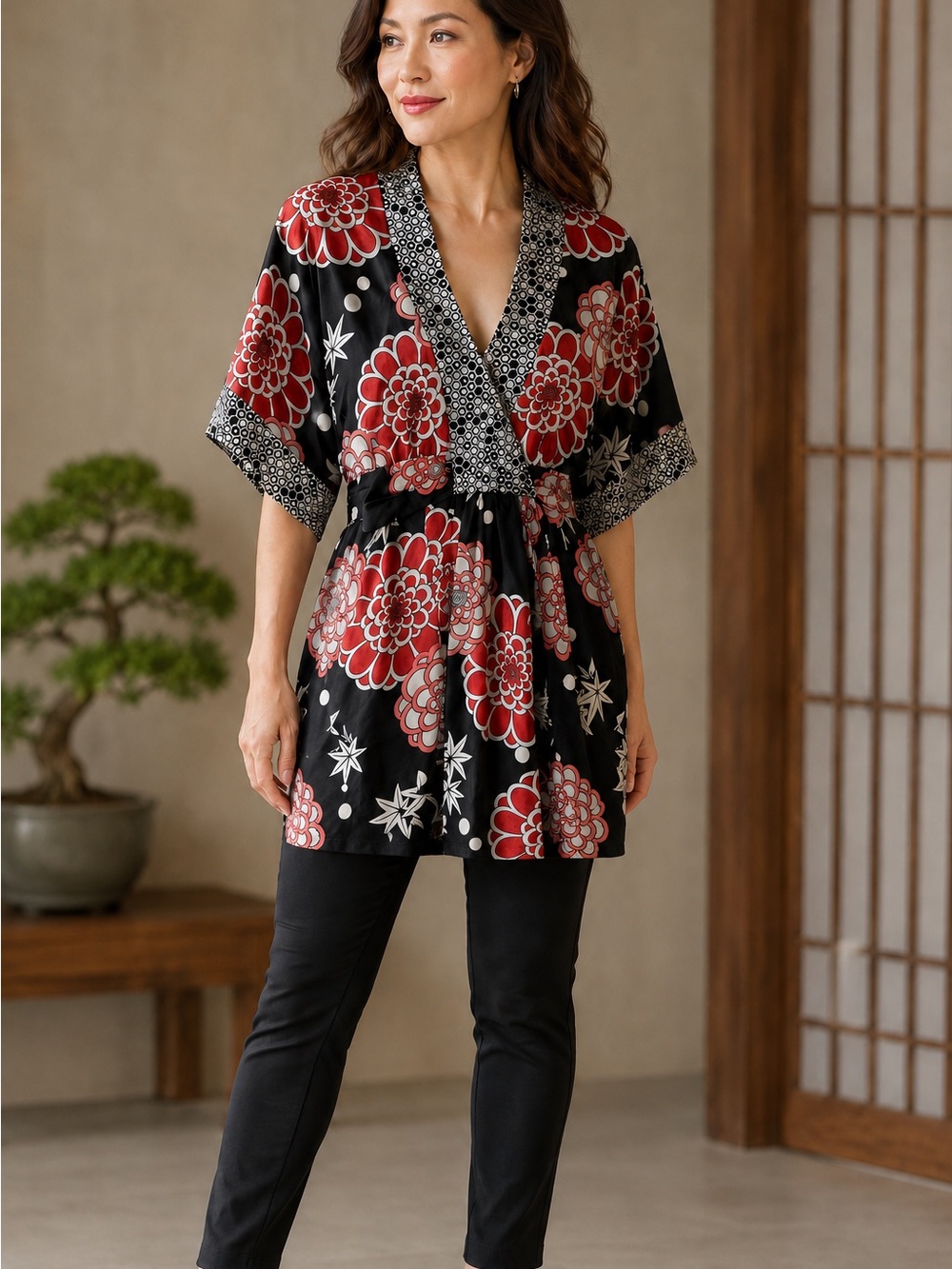 jonathan martin Black/ Red Floral V-Neck Kimono Tunic Size Medium